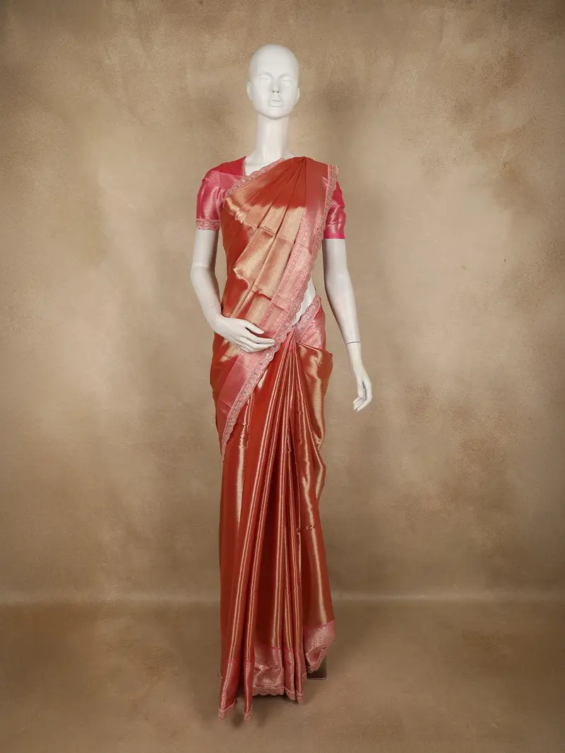 Burnt Copper Orange Zari Woven Design Tissue Silk Saree With Designer Border 1