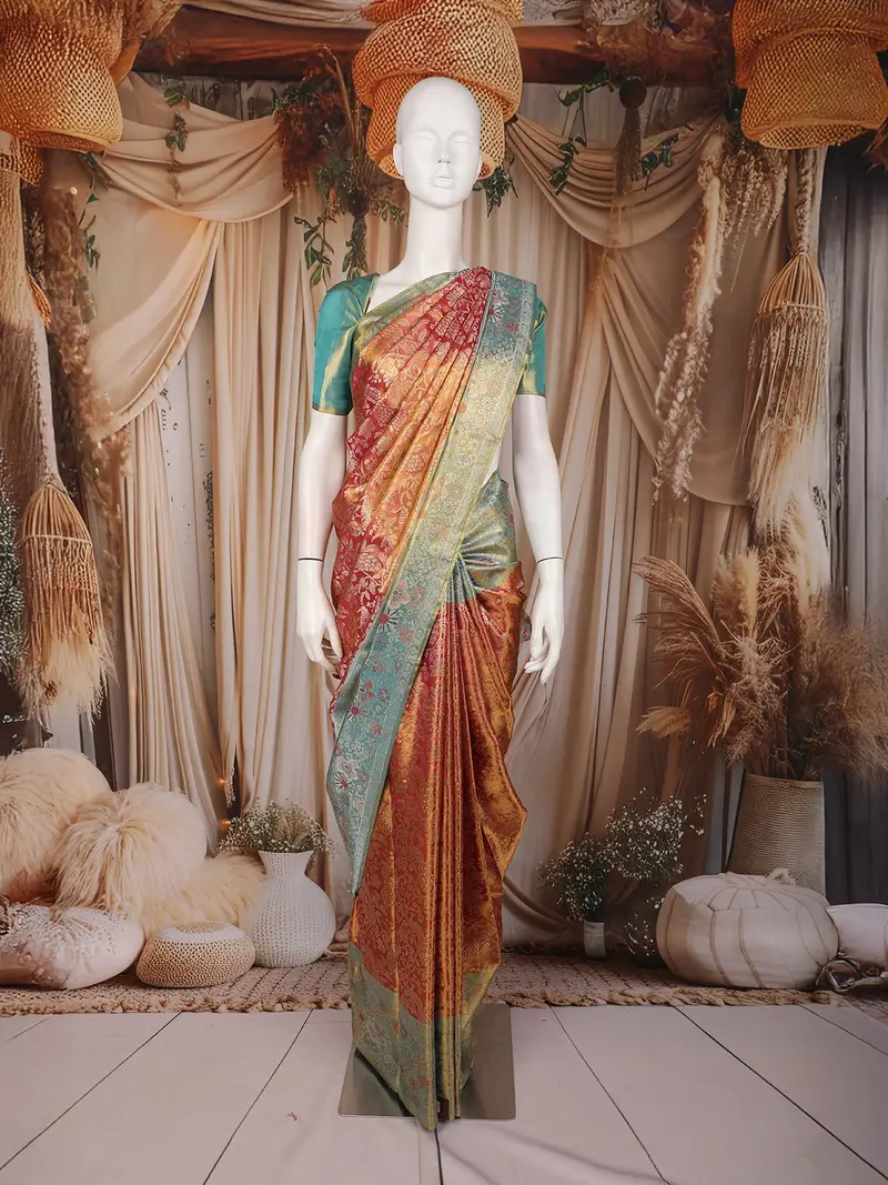 Burnt Copper Pink Floral Woven Design Pure Kanchipuram Silk Saree With Contrast Zari Border 1
