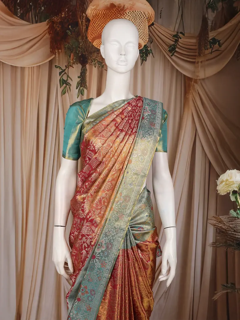 Burnt Copper Pink Floral Woven Design Pure Kanchipuram Silk Saree With Contrast Zari Border 2