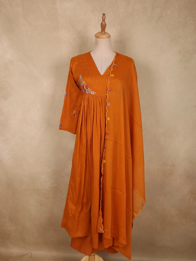 Burnt Marigold Orange Floral Thread Embroidered Design Cotton Salwar Suit With Dupatta 1