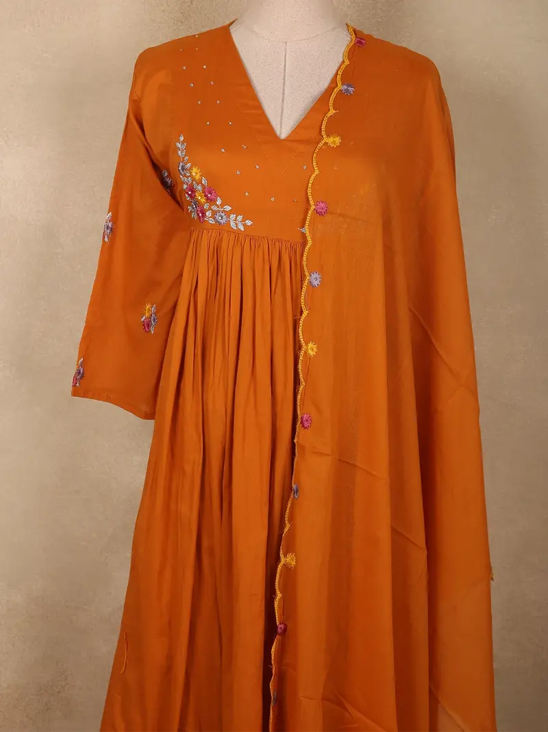 Burnt Marigold Orange Floral Thread Embroidered Design Cotton Salwar Suit With Dupatta 2