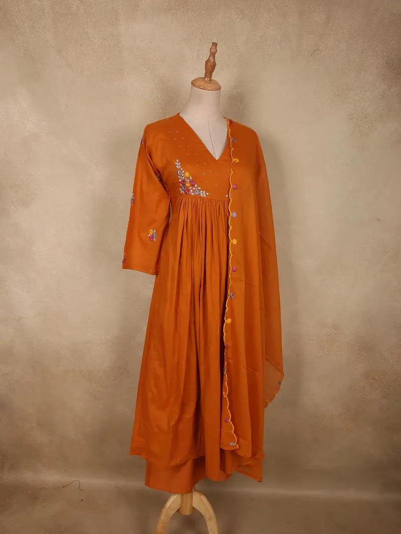Burnt Marigold Orange Floral Thread Embroidered Design Cotton Salwar Suit With Dupatta 3