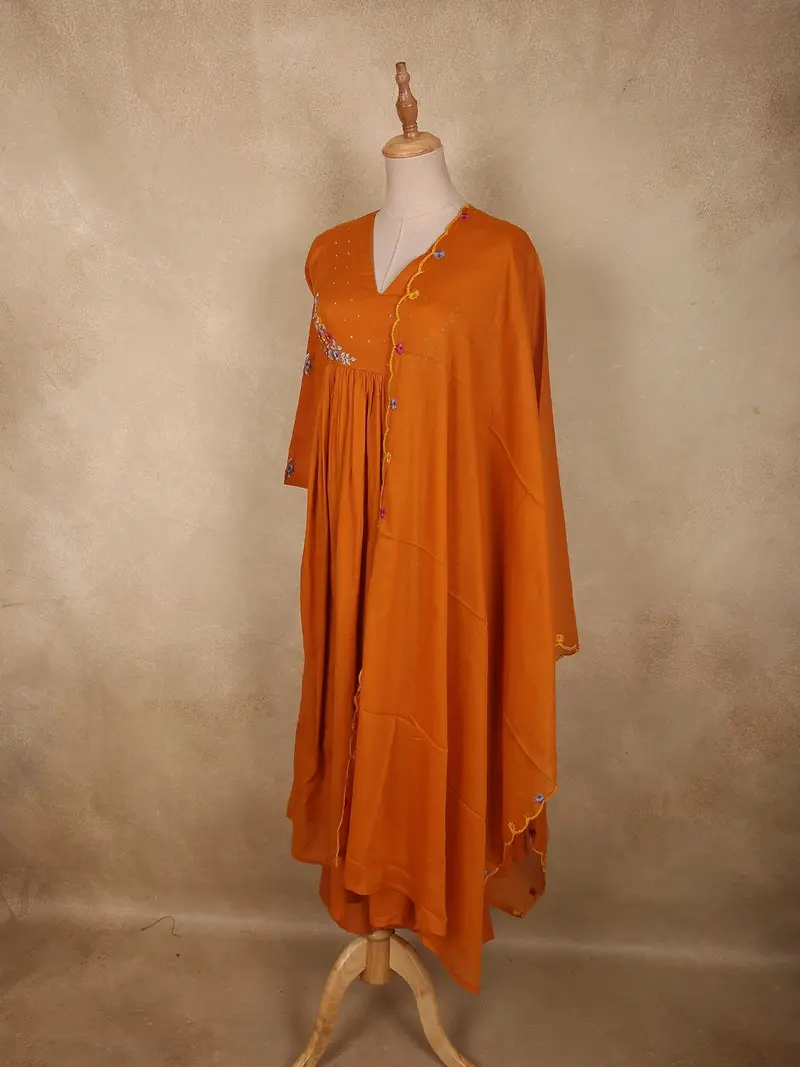 Burnt Marigold Orange Floral Thread Embroidered Design Cotton Salwar Suit With Dupatta 4