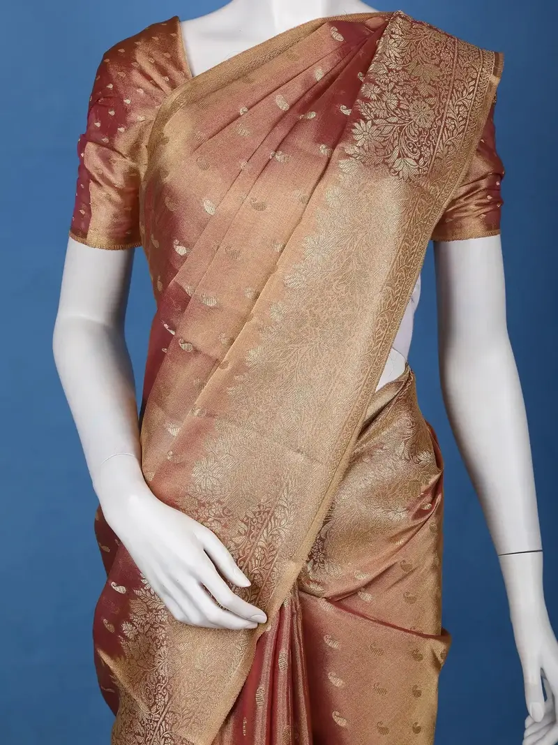 Burnt Maroon Floral Brocade Design Tissue Saree 2