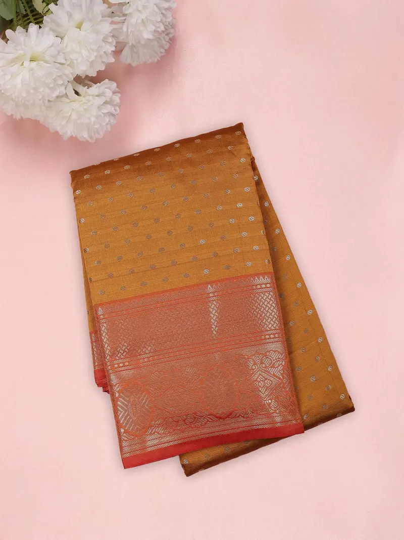 Burnt Mustard Yellow Butta Zari Woven Design Semi Silk Saree With Contrast Floral Border 1