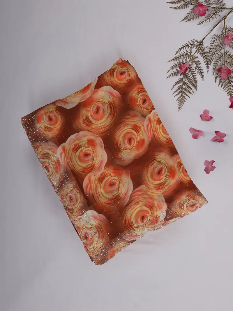 Burnt Orange And Peach Floral Printed Design Chiffon Saree 1
