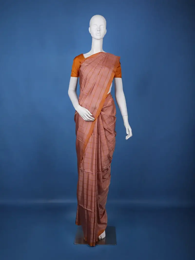 Burnt Orange Checked Design Woven Silk Saree 1