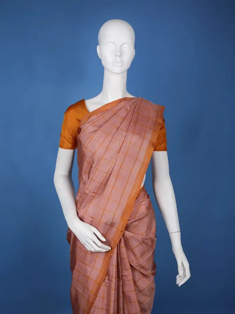 Burnt Orange Checked Design Woven Silk Saree 2