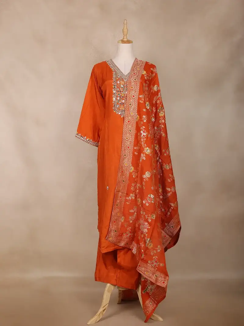 Burnt Orange Floral Design Semi Silk Straight Cut Salwar Suit 1