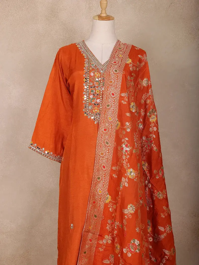 Burnt Orange Floral Design Semi Silk Straight Cut Salwar Suit 2