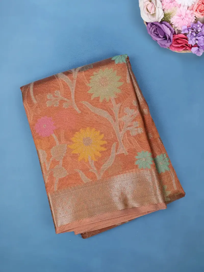 Burnt Orange Floral Design Zari Work Tissue Silk Saree 1