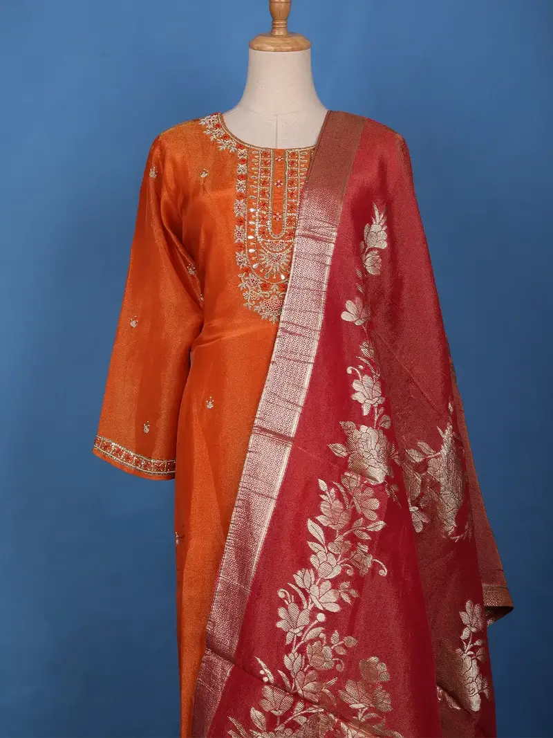 Burnt Orange Floral Embroidered Sequin Work Georgette Salwar Suit 1