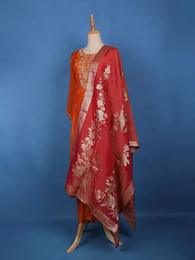 Burnt Orange Floral Embroidered Sequin Work Georgette Salwar Suit 2