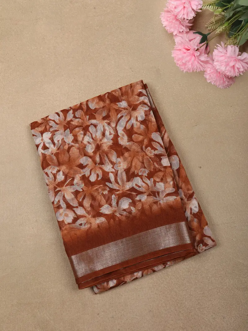 Burnt Orange Floral Printed Design Linen Cotton Casual Wear Saree 1