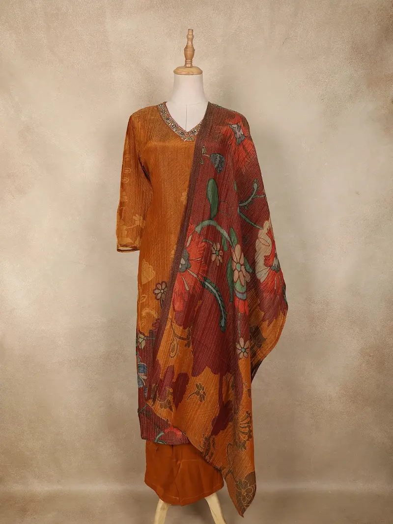 Burnt Orange Floral Printed Design Tissue Straight Cut Salwar Suit With Dupatta 1