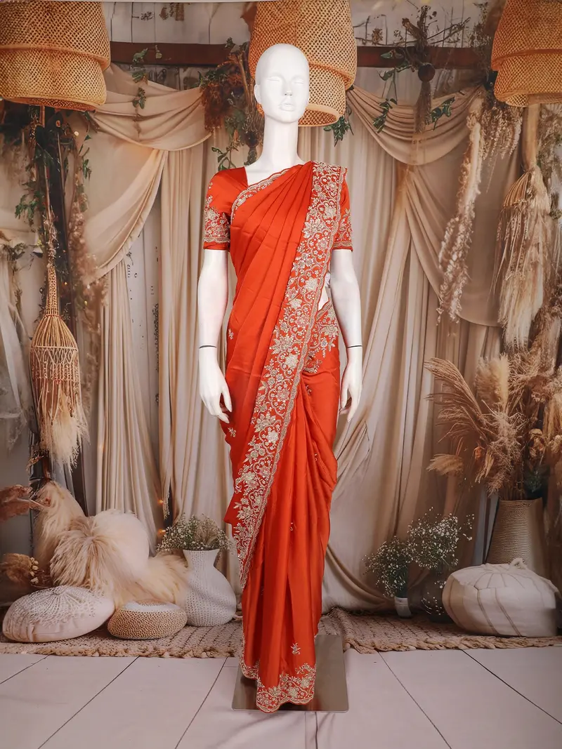 Burnt Orange Floral Sequins Embroidered Satin Saree 1