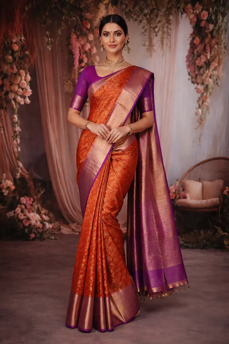 Burnt Orange Floral Zari Woven Design Pure Kanchipuram Silk Saree With Contrast Zari Border 1