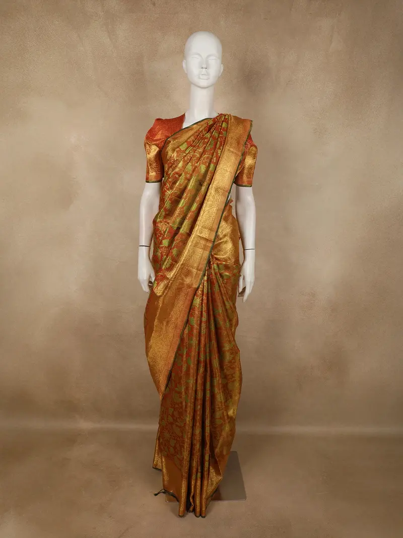 Burnt Orange Floral Zari Woven Design Pure Kanchipuram Silk Saree With Zari Border 1