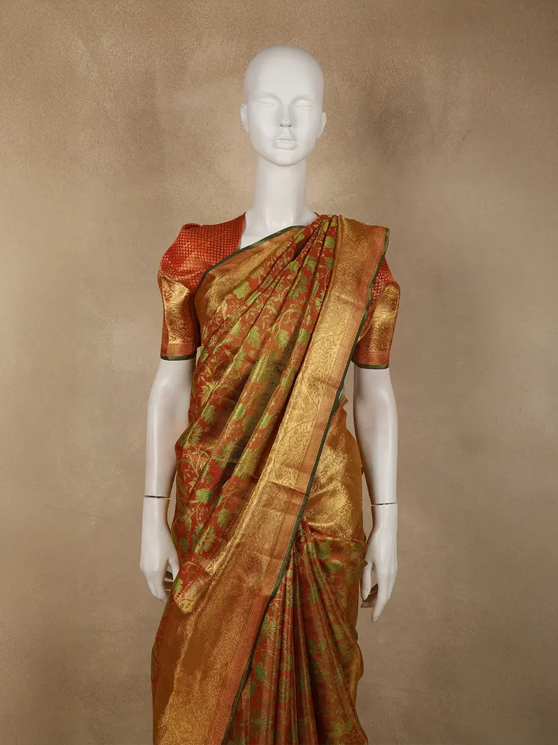 Burnt Orange Floral Zari Woven Design Pure Kanchipuram Silk Saree With Zari Border 2