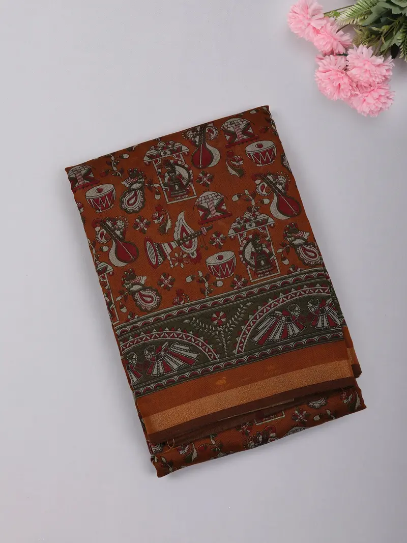 Burnt Orange Kalamkari Printed Design Mixed Cotton Saree 1