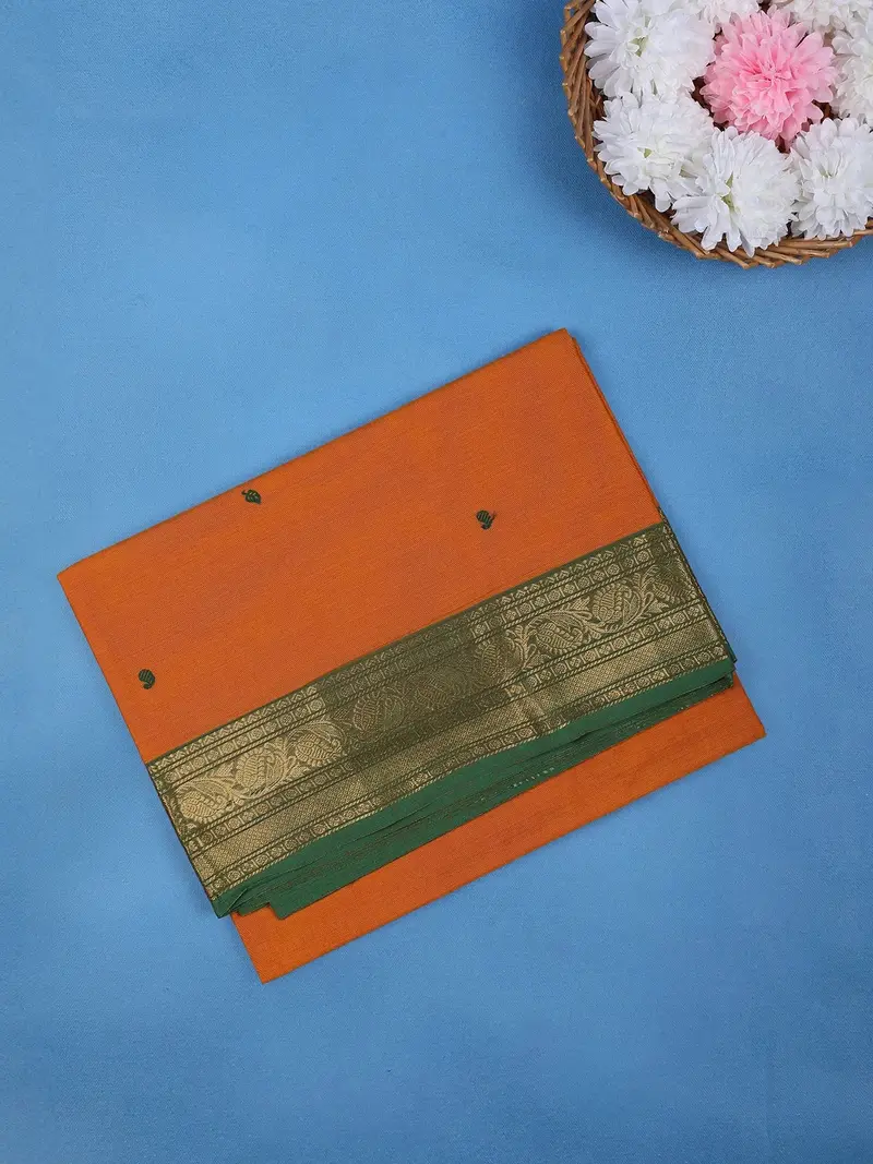 Burnt Orange Scattered Green Motifs Cotton Saree 1