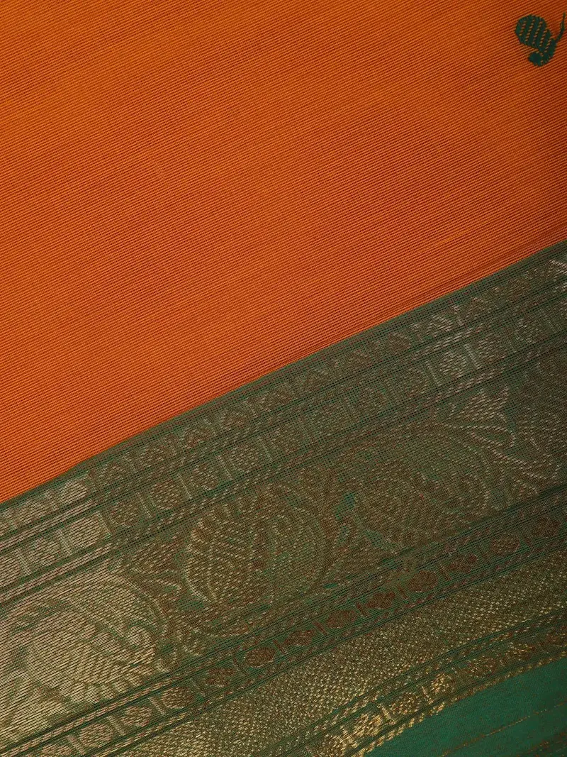 Burnt Orange Scattered Green Motifs Cotton Saree 2