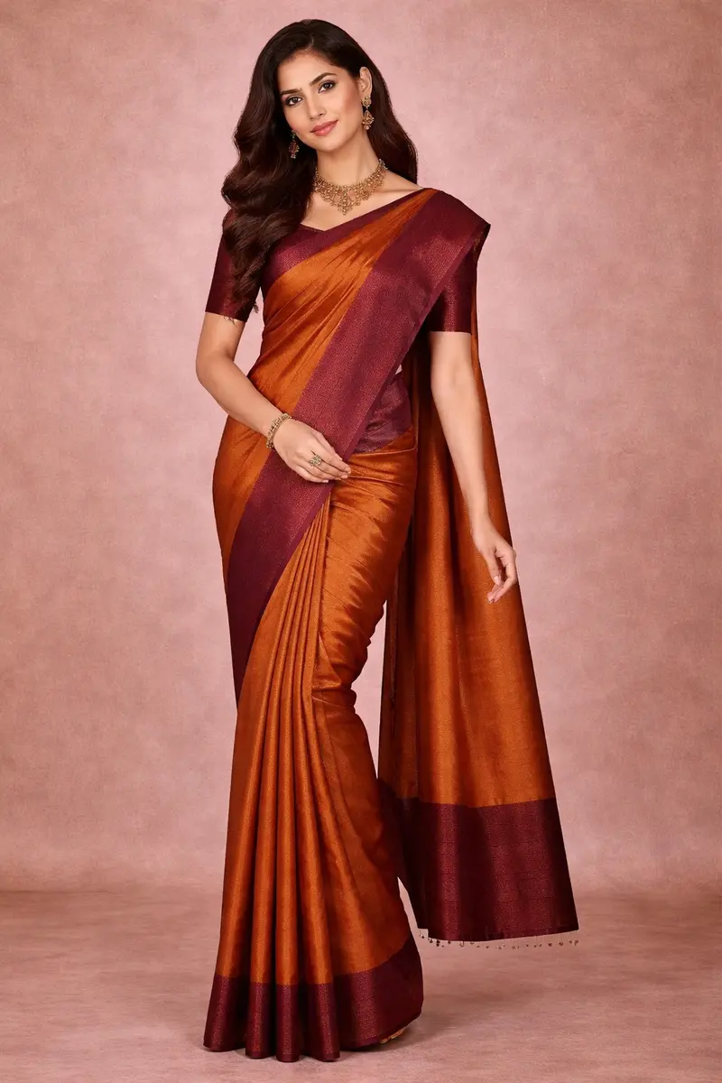 Burnt Orange Vine Design Art Silk Saree 1