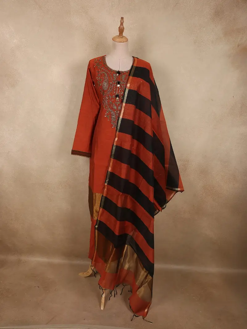 Burnt Rust Orange Beads Embroidered Design Silk Salwar Straight Cut Salwar Suit With Dupatta 1
