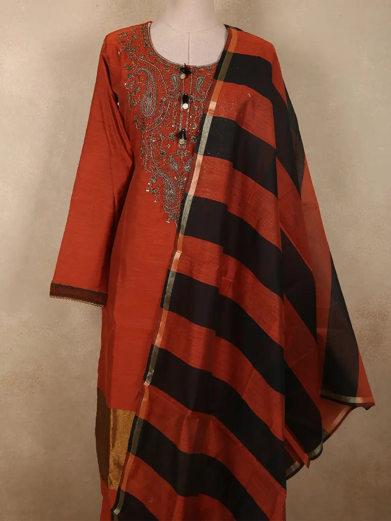 Burnt Rust Orange Beads Embroidered Design Silk Salwar Straight Cut Salwar Suit With Dupatta 2