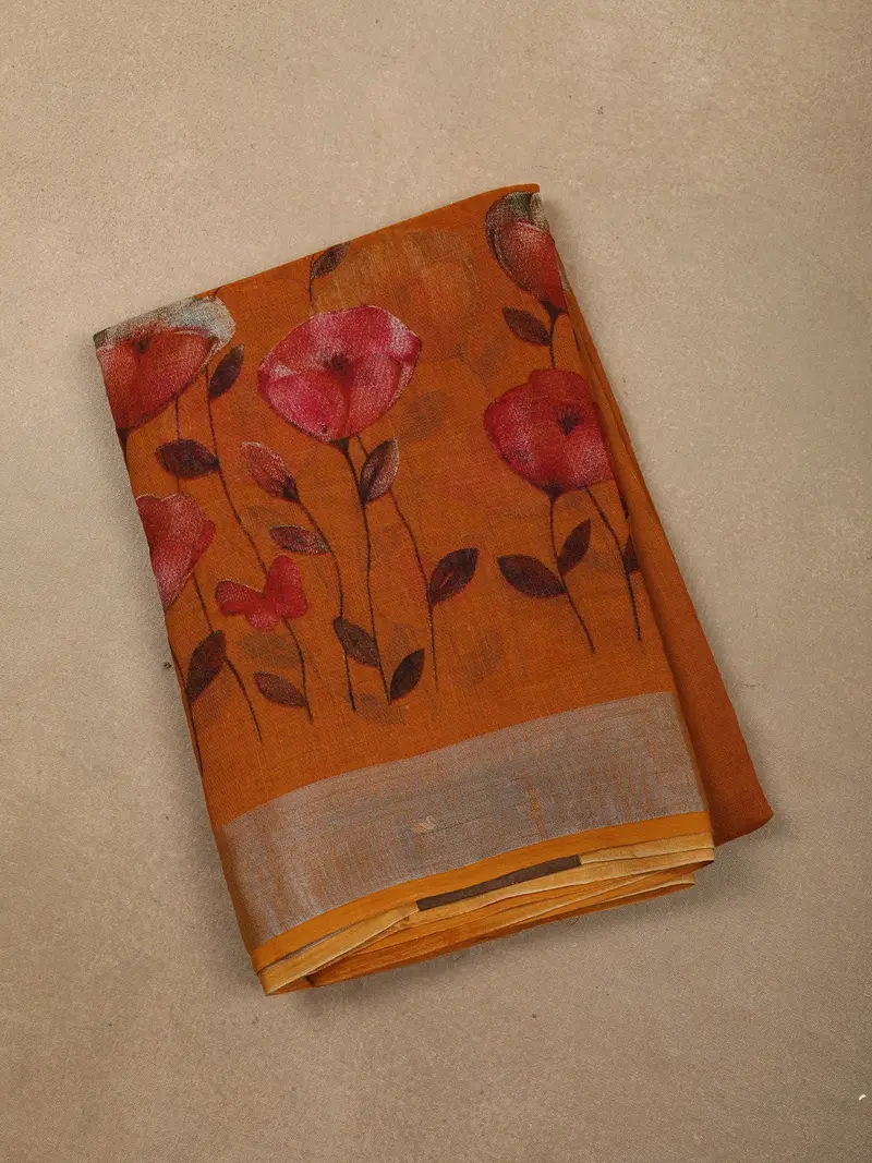 Burnt Rust Orange Floral Printed Design Linen Cotton Saree 1