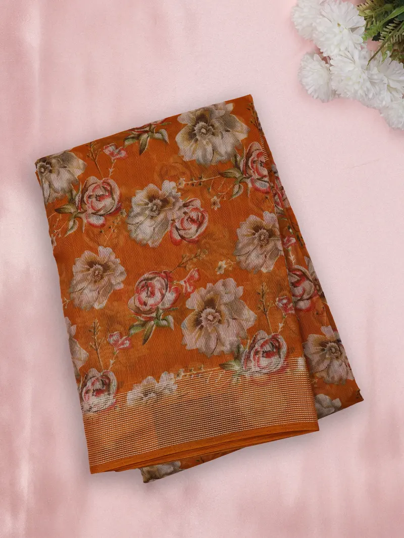 Burnt Rust Orange Floral Printed Design Mixed Cotton Saree 1