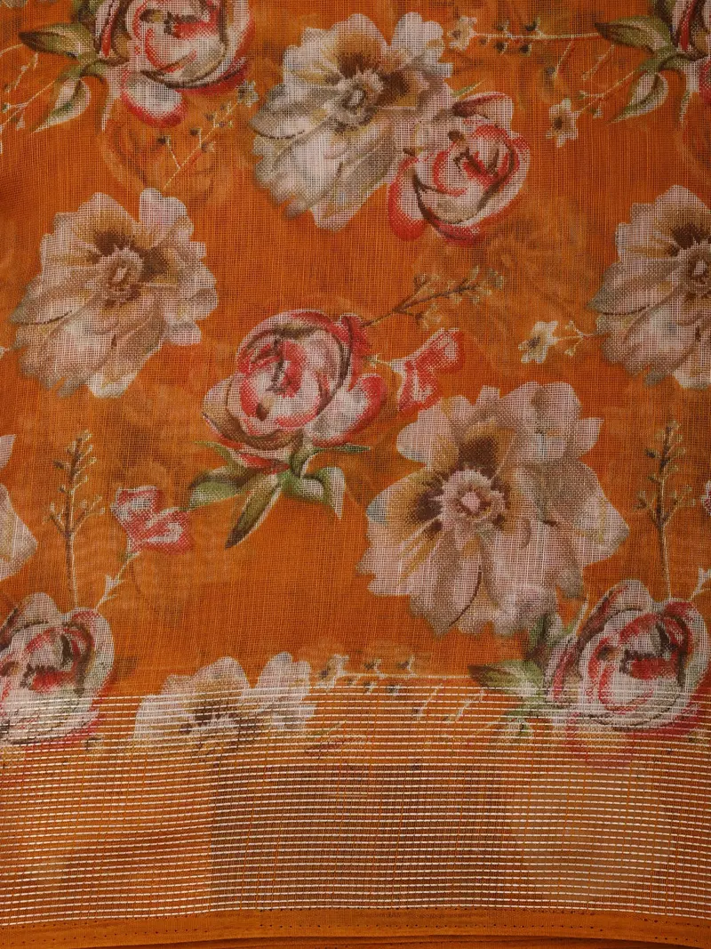 Burnt Rust Orange Floral Printed Design Mixed Cotton Saree 2