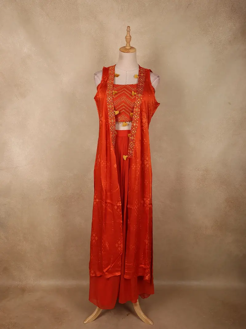 Burnt Vermilion Orange Abstract Embroidered Design Georgette Palazzo Suit With Long Coat 1