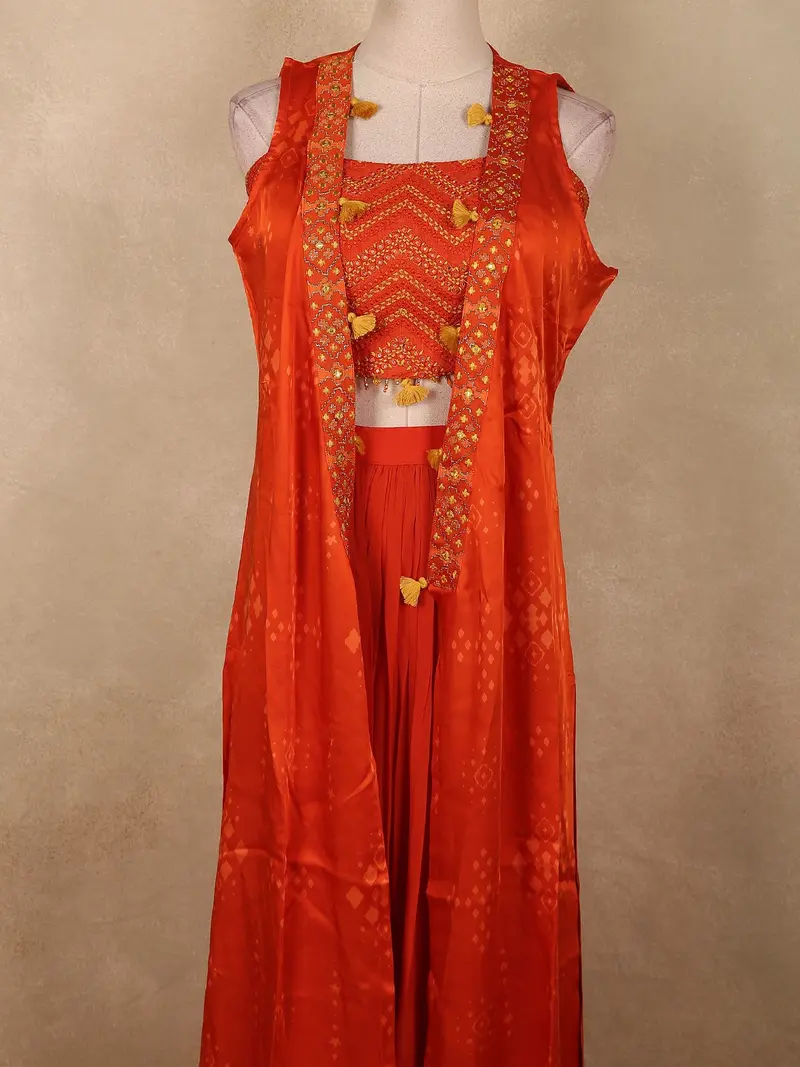 Burnt Vermilion Orange Abstract Embroidered Design Georgette Palazzo Suit With Long Coat 2