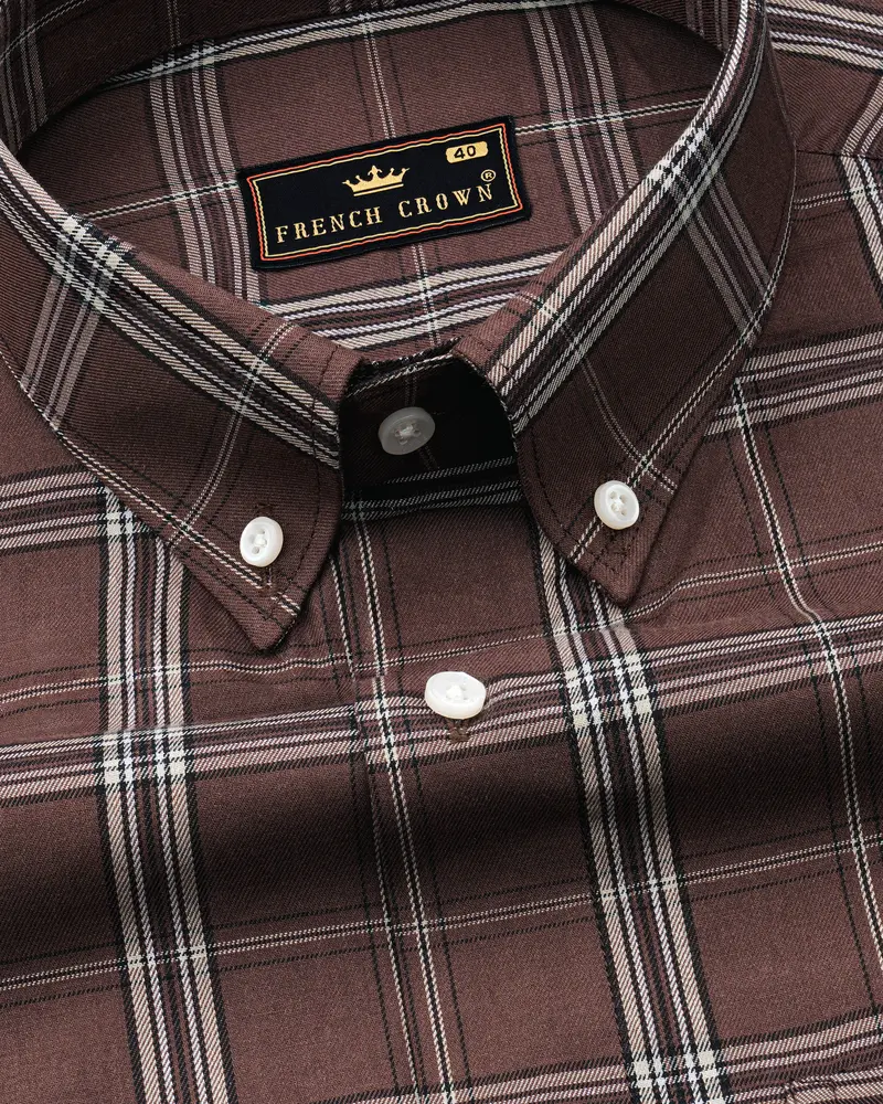 Buster Brown And Oyster Light Brown Twill Plaid Premium Cotton Shirt 1