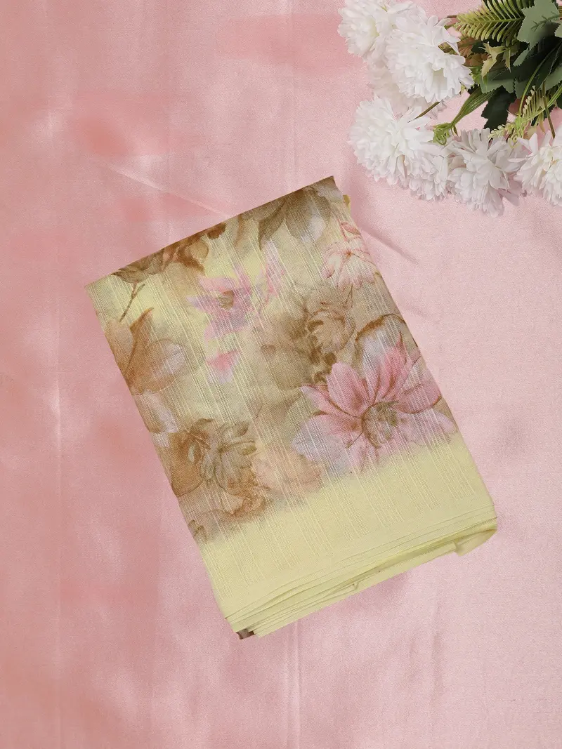 Butter Cream Yellow Floral Printed Design Mixed Cotton Saree 1