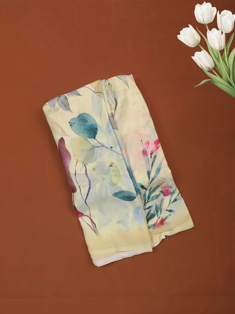 Butter Yellow Floral Printed Soft Chiffon Saree 1