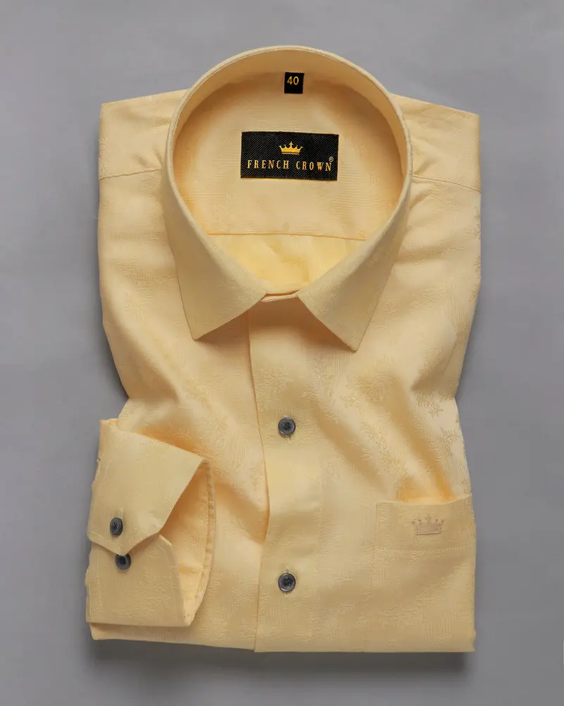 Butter Yellow Flower Jacquard Textured Silky Giza Cotton Evening Shirt 1