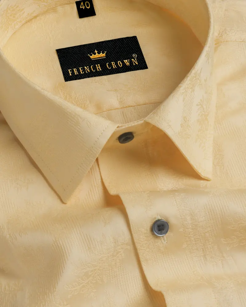 Butter Yellow Flower Jacquard Textured Silky Giza Cotton Evening Shirt 3