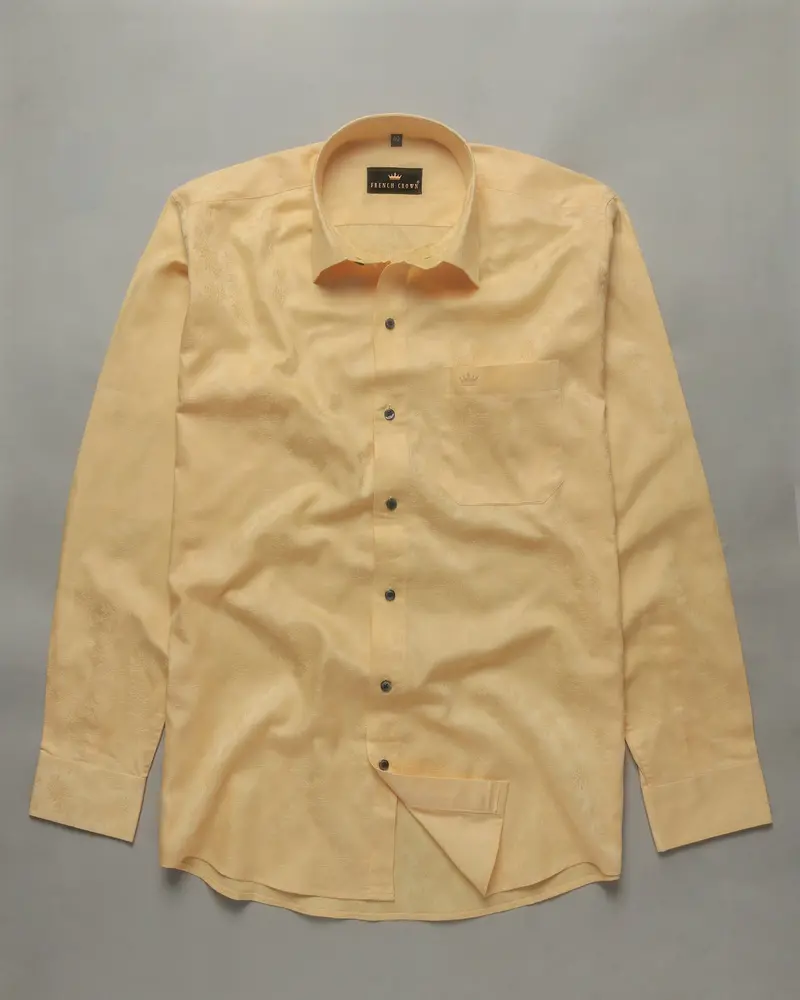 Butter Yellow Flower Jacquard Textured Silky Giza Cotton Evening Shirt 5