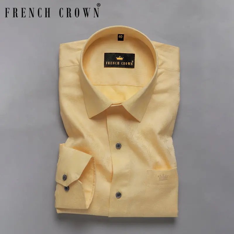 Butter Yellow Flower Jacquard Textured Silky Giza Cotton Evening Shirt 8