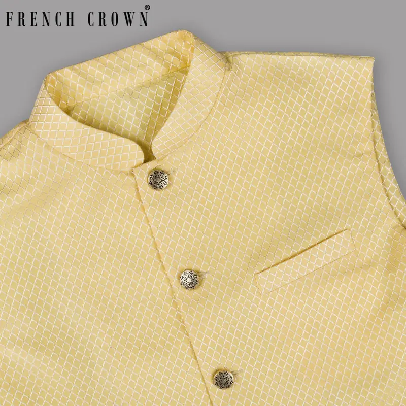 Butter Yellow Jacquard Textured Designer Nehru Jacket 1