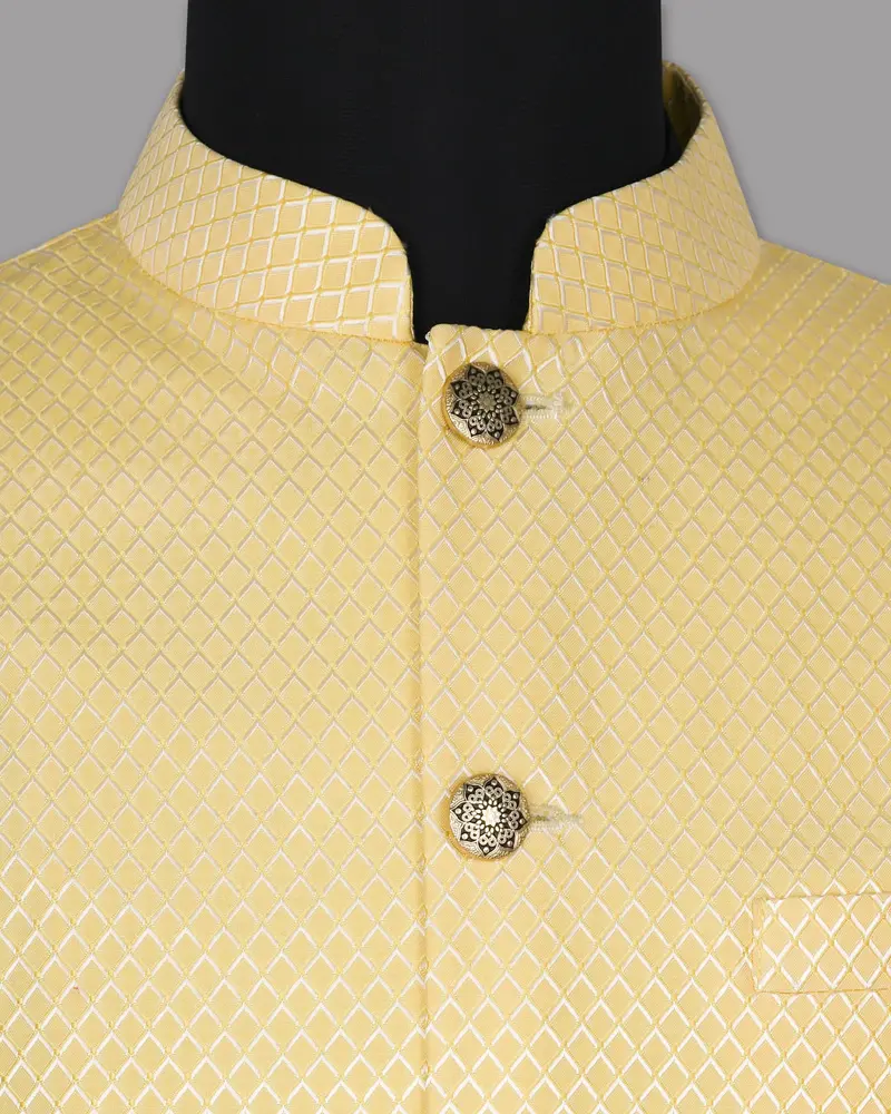 Butter Yellow Jacquard Textured Designer Nehru Jacket 4