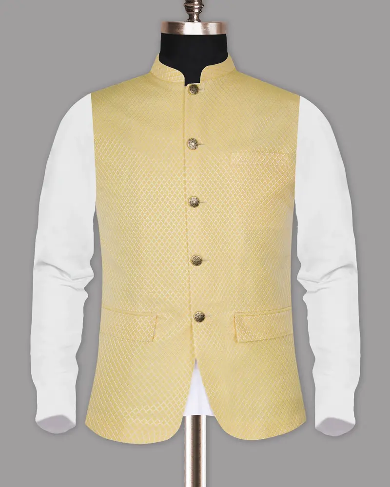 Butter Yellow Jacquard Textured Designer Nehru Jacket 5