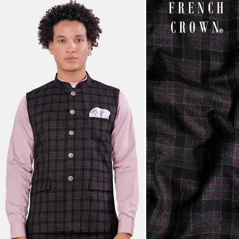 Byzantium Pink And Black Tweed Plaid Nehru Jacket 1