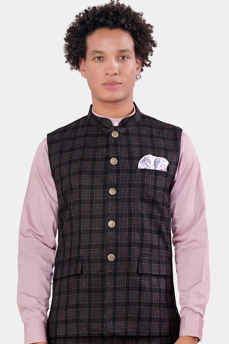 Byzantium Pink And Black Tweed Plaid Nehru Jacket 2
