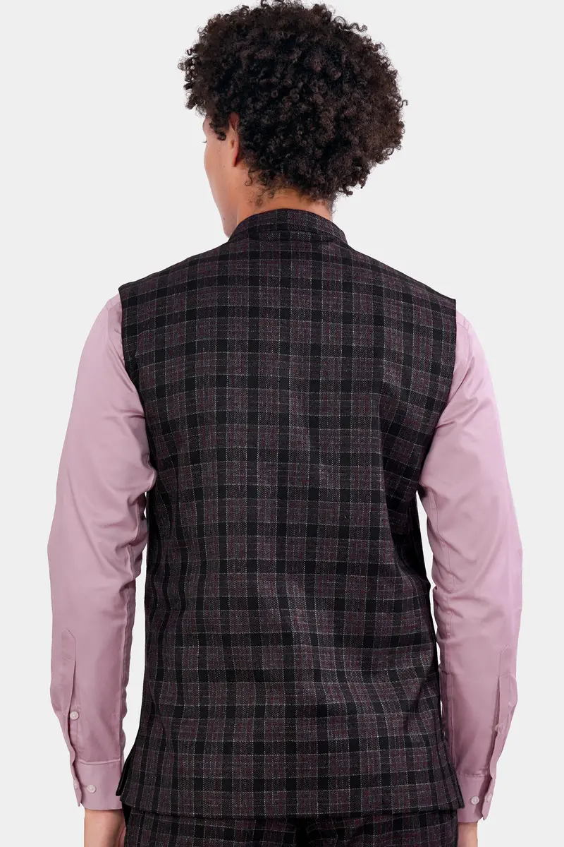 Byzantium Pink And Black Tweed Plaid Nehru Jacket 4