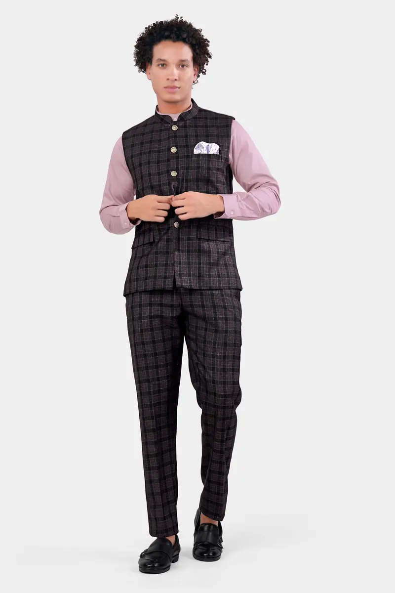 Byzantium Pink And Black Tweed Plaid Nehru Jacket 5