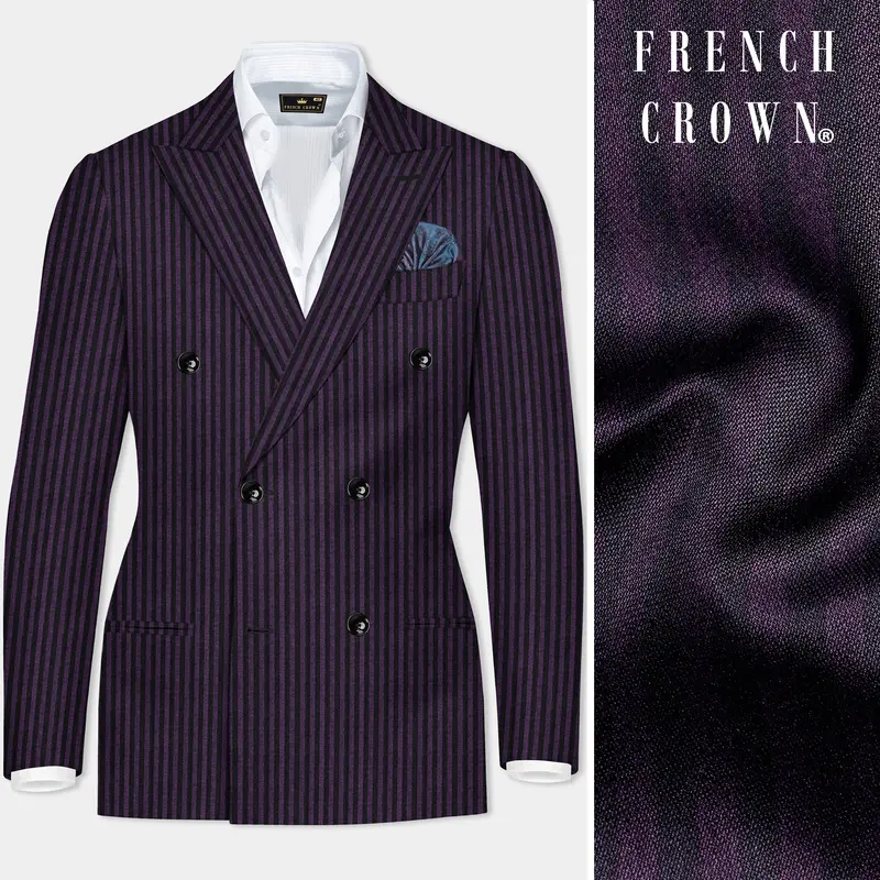 Byzantium Purple And Jade Black Striped Wool Rich Double Breasted Blazer 1
