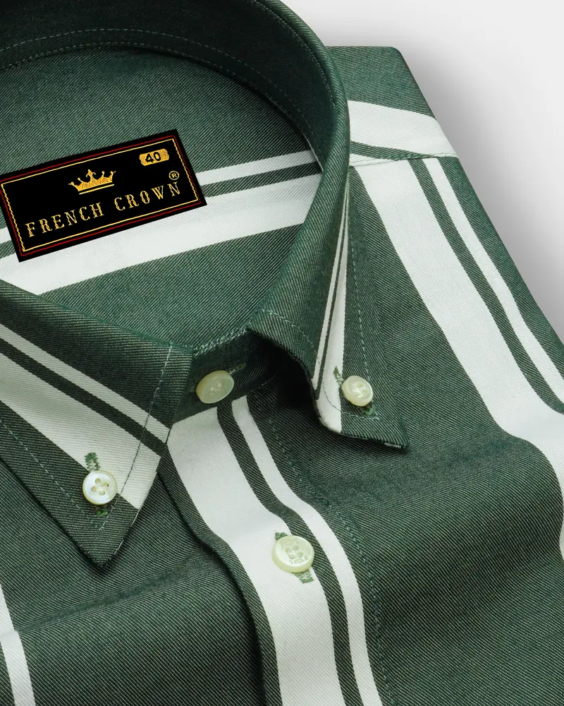 Cactus Green And Bright White Twill Striped Premium Cotton Shirt 1